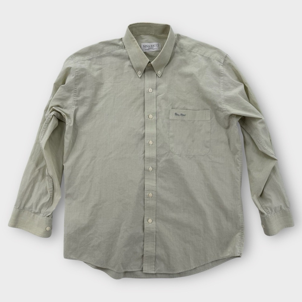 Nina Ricci Button Down Shirt Mens Large 100 Paris‎ Seoul Green Long Sleeve VTG